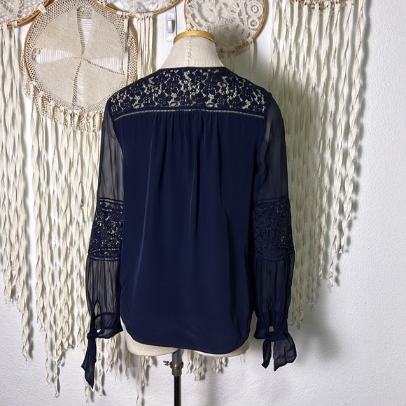 Rebecca Taylor Sara Lace Panel Silk Long Sleeve Blouse Ties at Cuff size 2 Navy - Picture 3 of 12